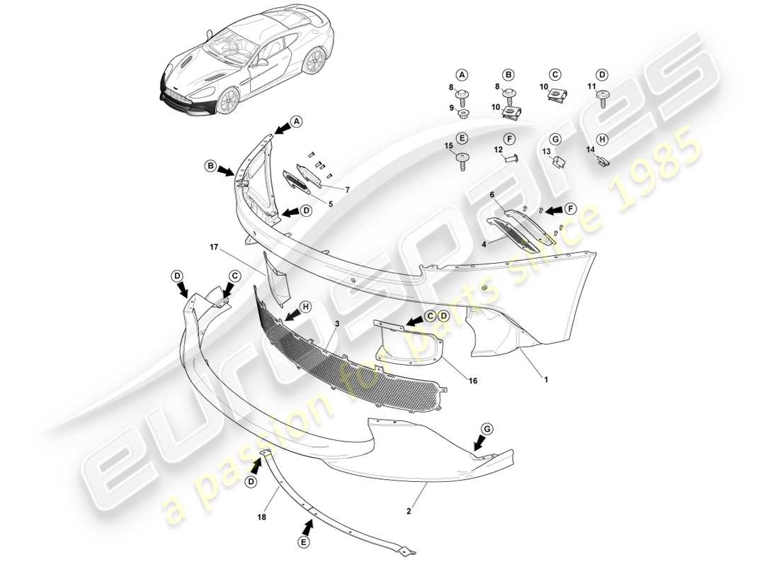 aston martin vanquish (2014) parachoques delantero, diagrama de pieza s