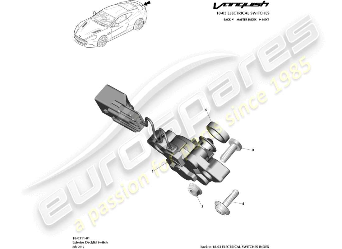aston martin vanquish (2016) interruptor exterior de la tapa del maletero diagrama de piezas