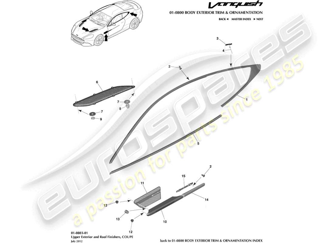 aston martin vanquish (2017) acabados exteriores superiores, diagrama de piezas del cupé
