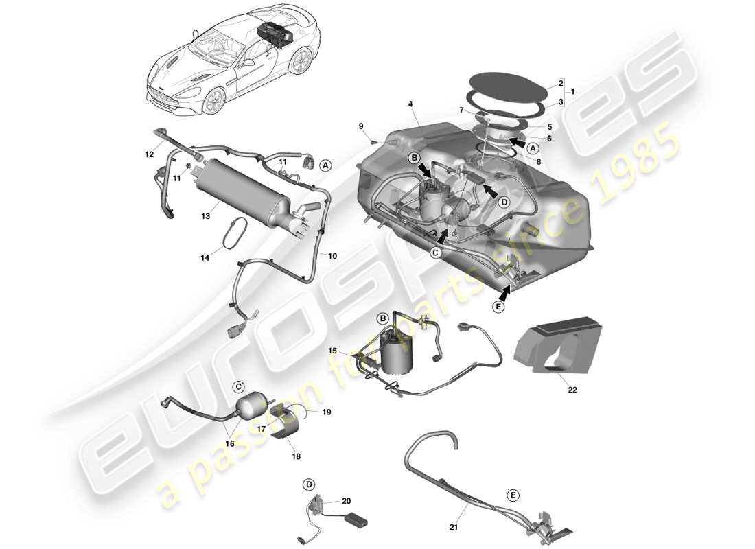 aston martin vanquish (2014) conjunto del tanque de combustible diagrama de piezas