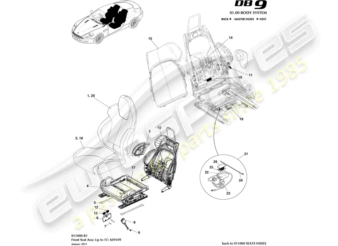aston martin db9 (2012) asiento delantero a (v) a09109 diagrama de piezas