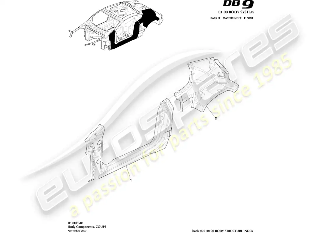 aston martin db9 (2012) componentes de la carrocería, diagrama de piezas del cupé