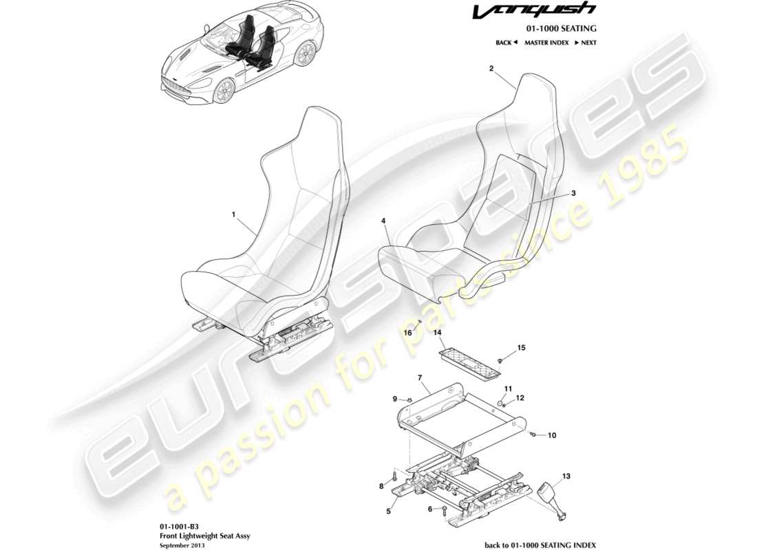 aston martin vanquish (2017) asientos delanteros livianos diagrama de piezas