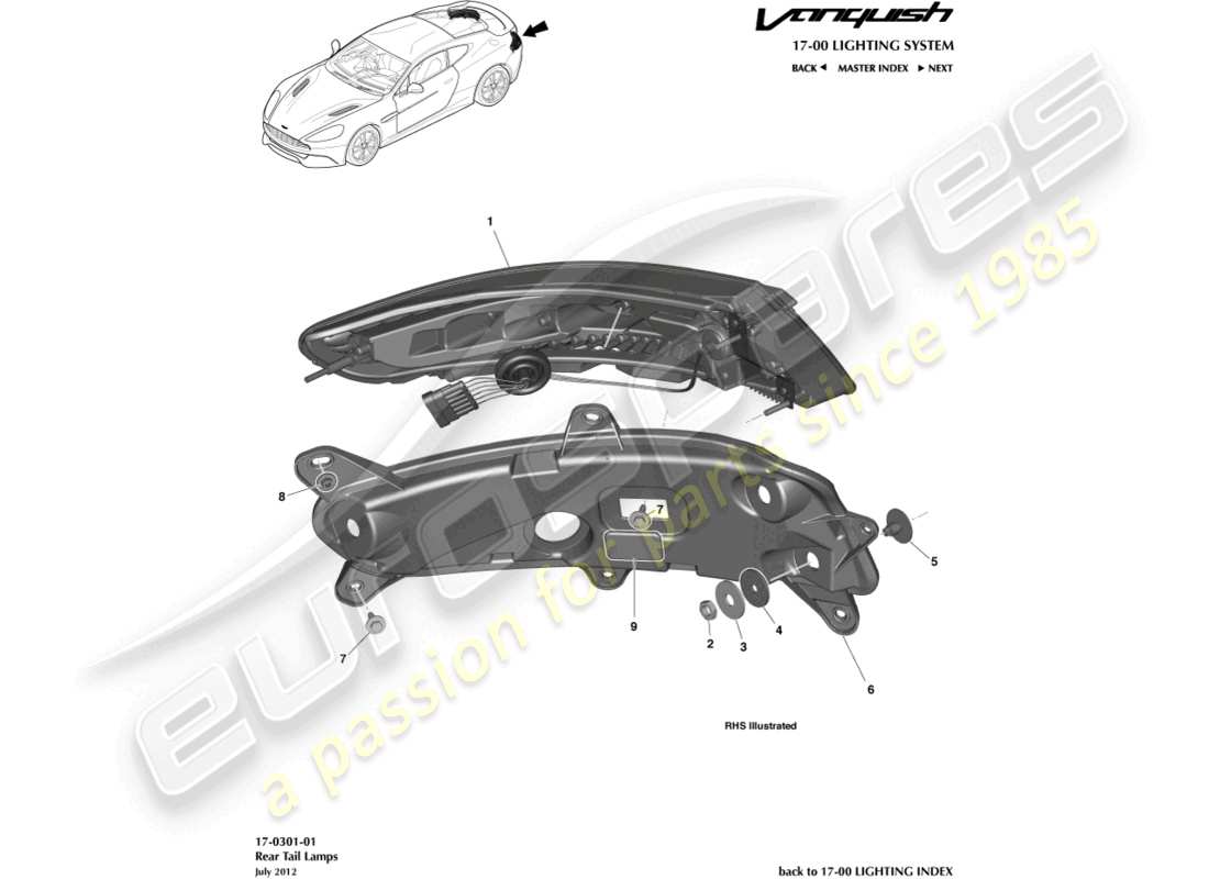 aston martin vanquish (2016) diagrama de piezas de las luces traseras