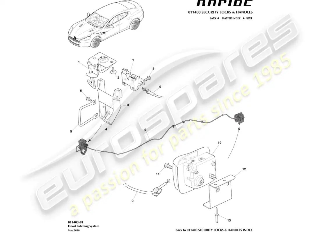 aston martin rapide (2010) sistema de cierre del capó diagrama de piezas