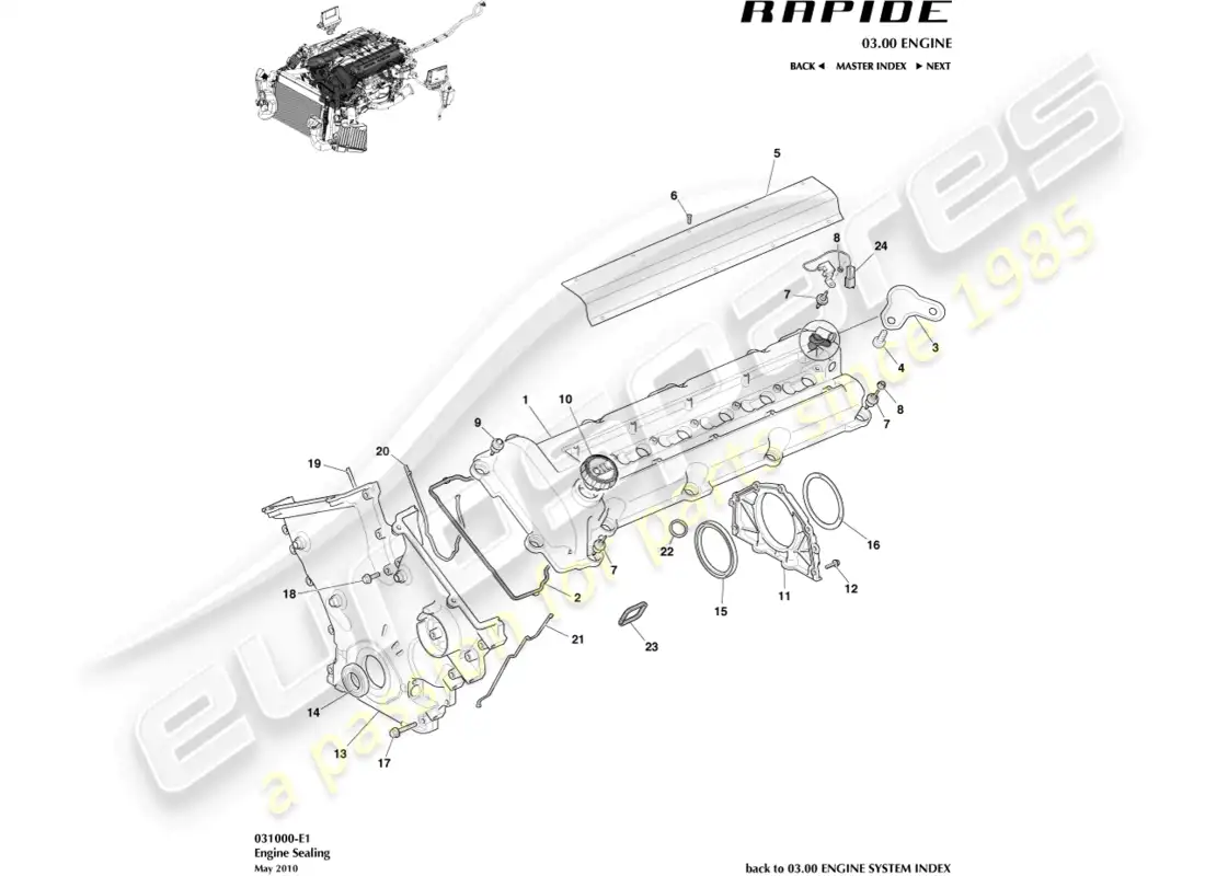 aston martin rapide (2010) diagrama de piezas de sellado del motor