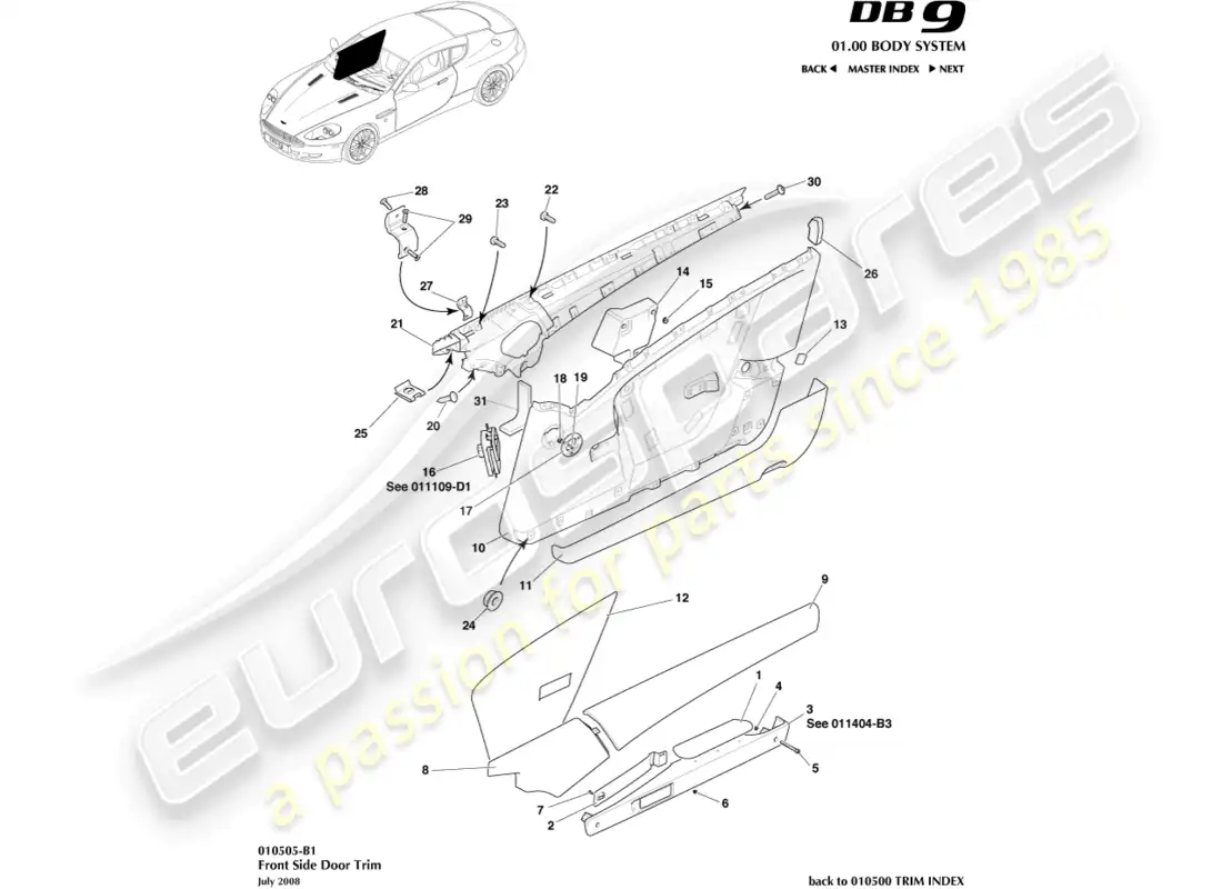 aston martin db9 (2012) diagrama de piezas de molduras de puertas