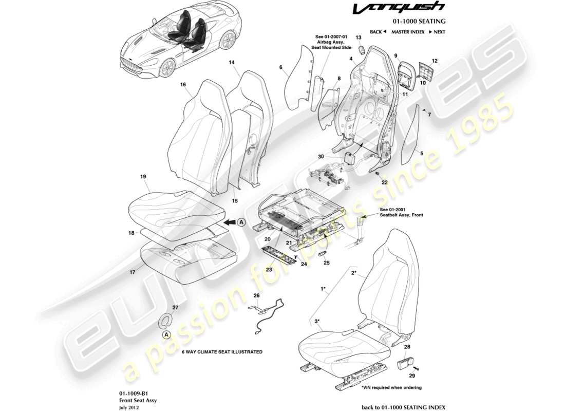 aston martin vanquish (2017) asientos delanteros diagrama de piezas