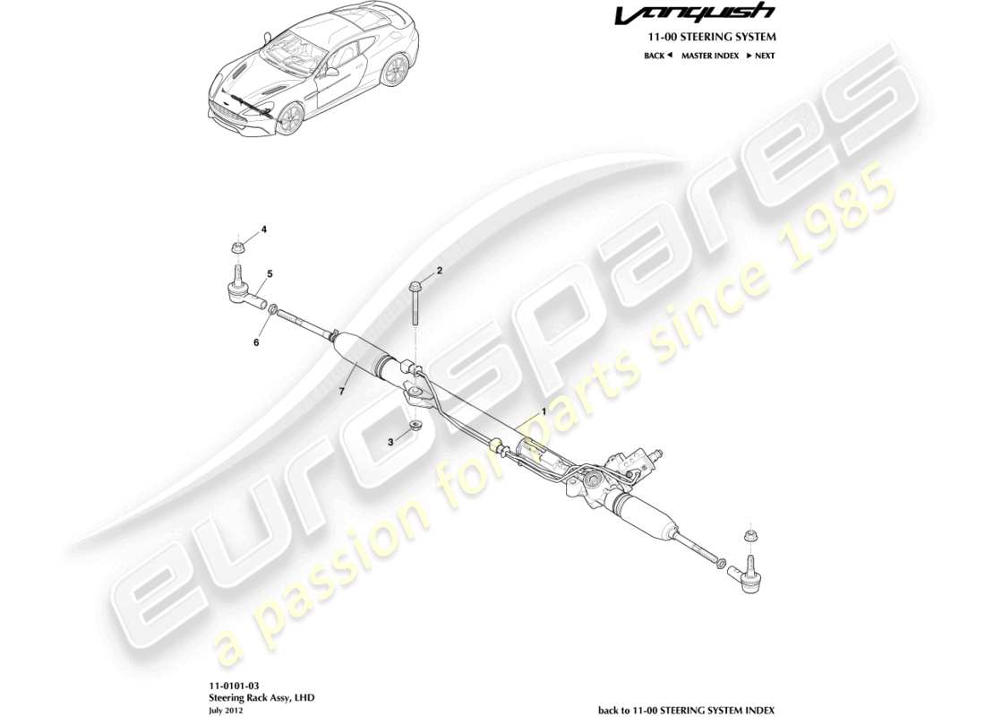 aston martin vanquish (2018) cremallera de dirección, lhd diagrama de piezas