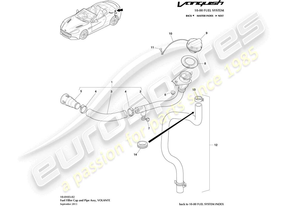 aston martin vanquish (2017) conjunto de llenado de combustible, diagrama de piezas de volante