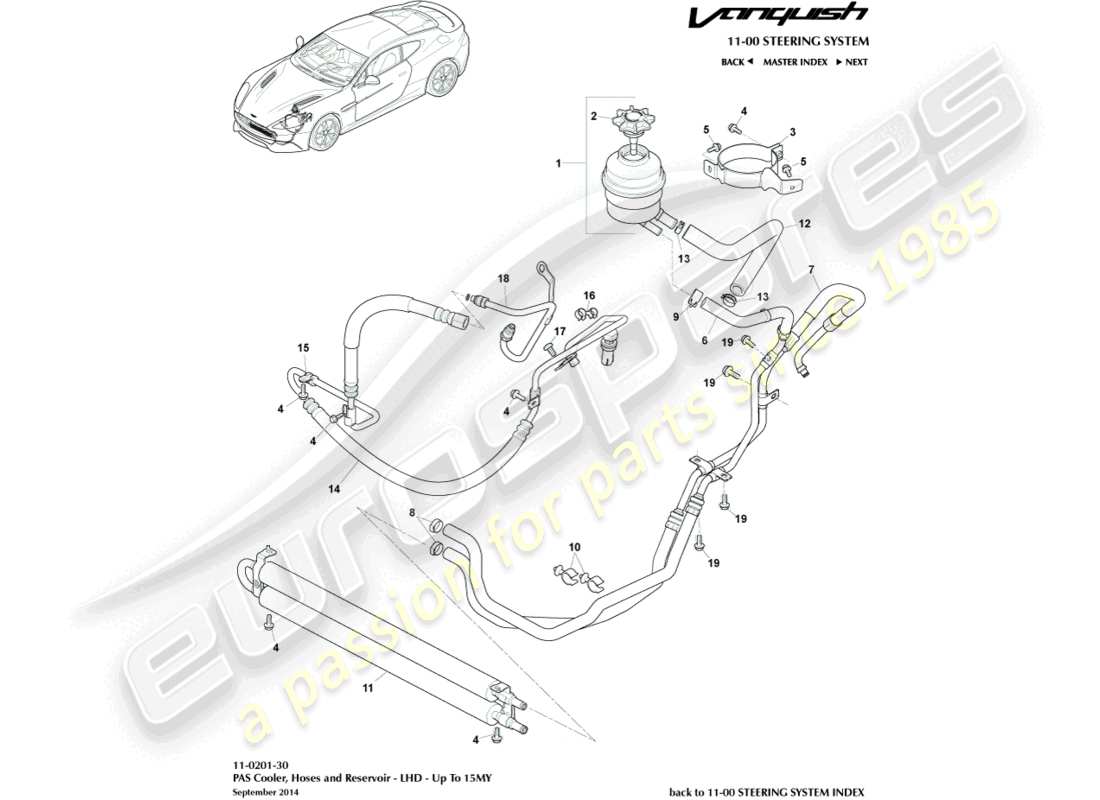 aston martin vanquish (2017) mangueras pas, lhd a 15my diagrama de piezas