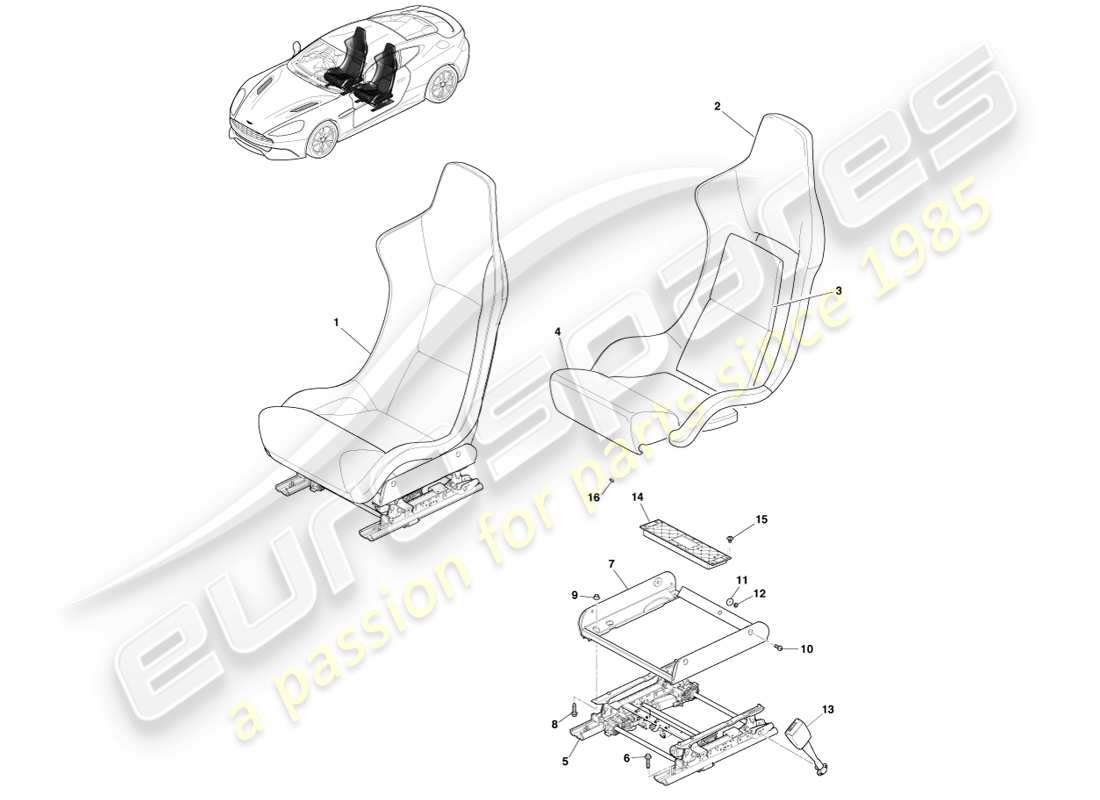 aston martin vanquish (2014) diagrama de piezas de los asientos delanteros ligeros