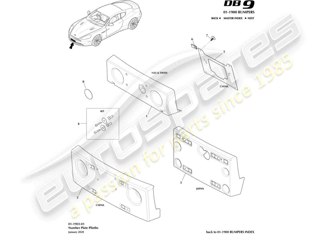 aston martin db9 (2016) diagrama de piezas de los zócalos de matrícula
