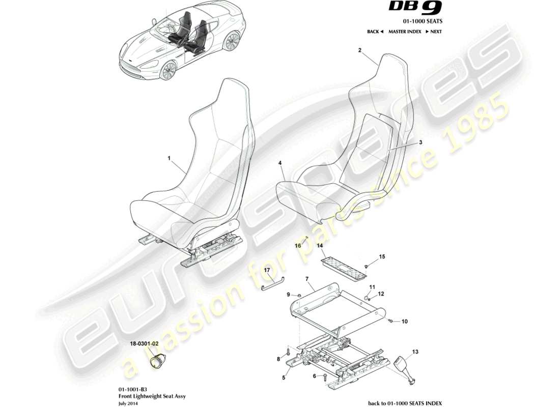 aston martin db9 (2015) diagrama de piezas de los asientos delanteros ligeros