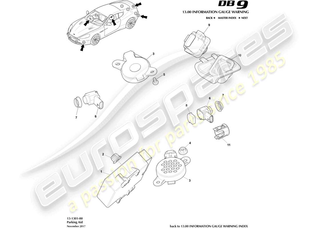 aston martin db9 (2015) diagrama de piezas de ayuda de estacionamiento