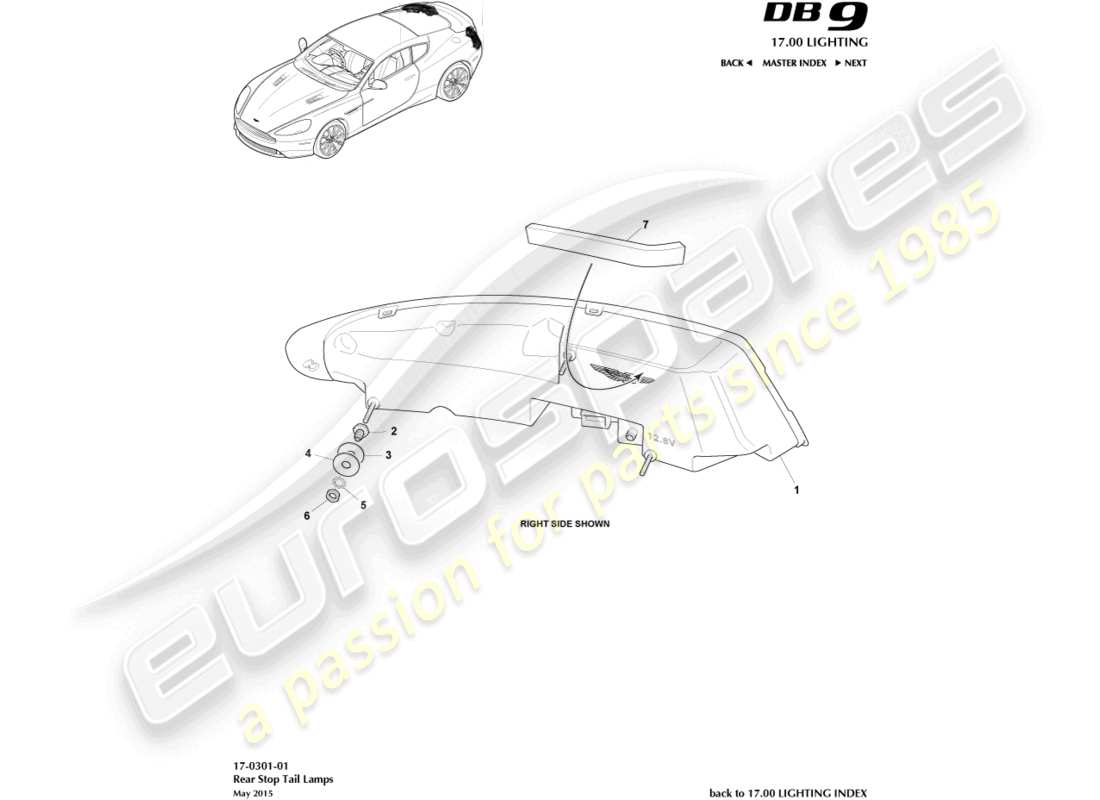 aston martin db9 (2015) diagrama de piezas de las luces traseras