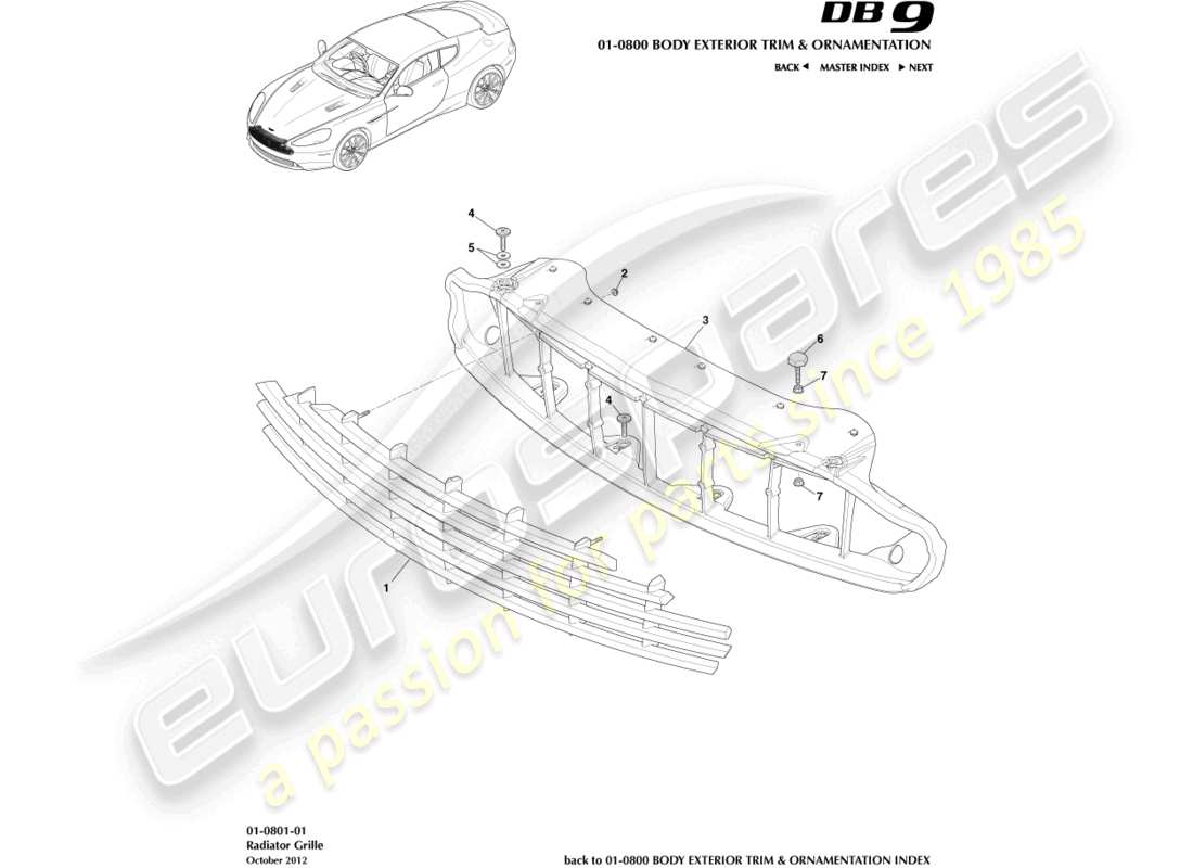 aston martin db9 (2015) diagrama de piezas de la parrilla del radiador