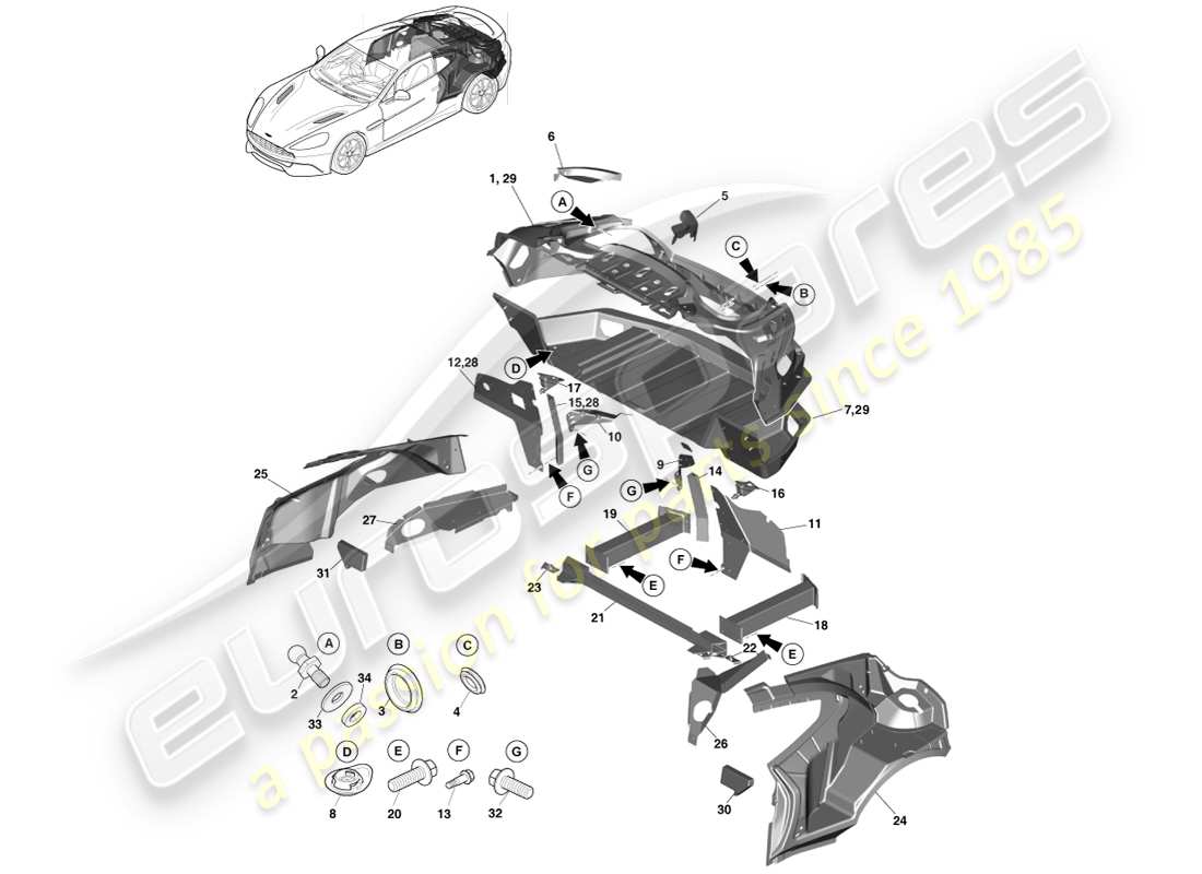 aston martin vanquish (2013) parte trasera de la carrocería, coupé diagrama de piezas