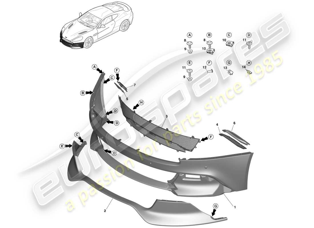 aston martin vanquish (2013) parachoques delantero diagrama de piezas