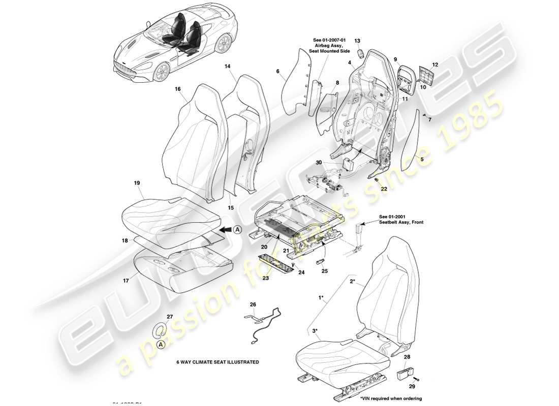 aston martin vanquish (2013) asientos delanteros diagrama de piezas