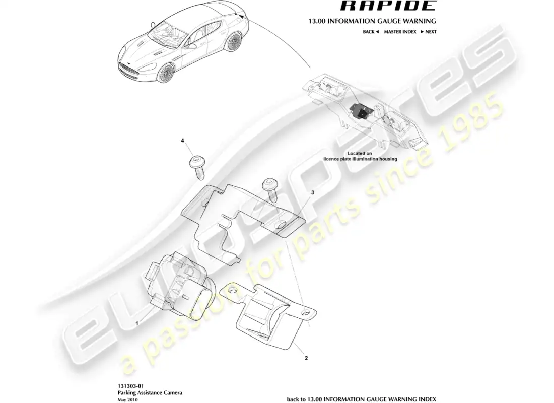 aston martin rapide (2016) cámara de ayuda al estacionamiento diagrama de piezas
