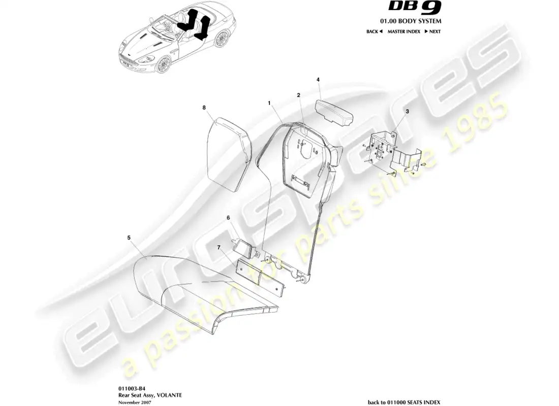 aston martin db9 (2012) asiento trasero, volante diagrama de piezas