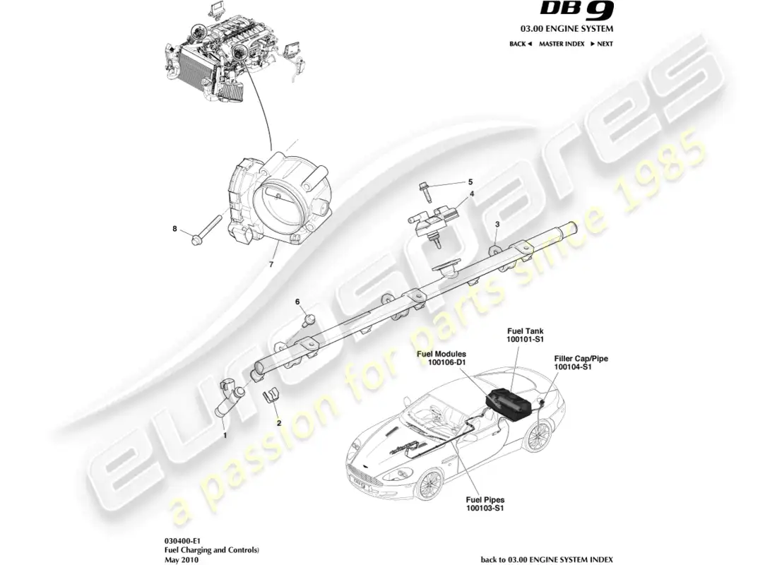 aston martin db9 (2012) diagrama de piezas de control y carga de combustible