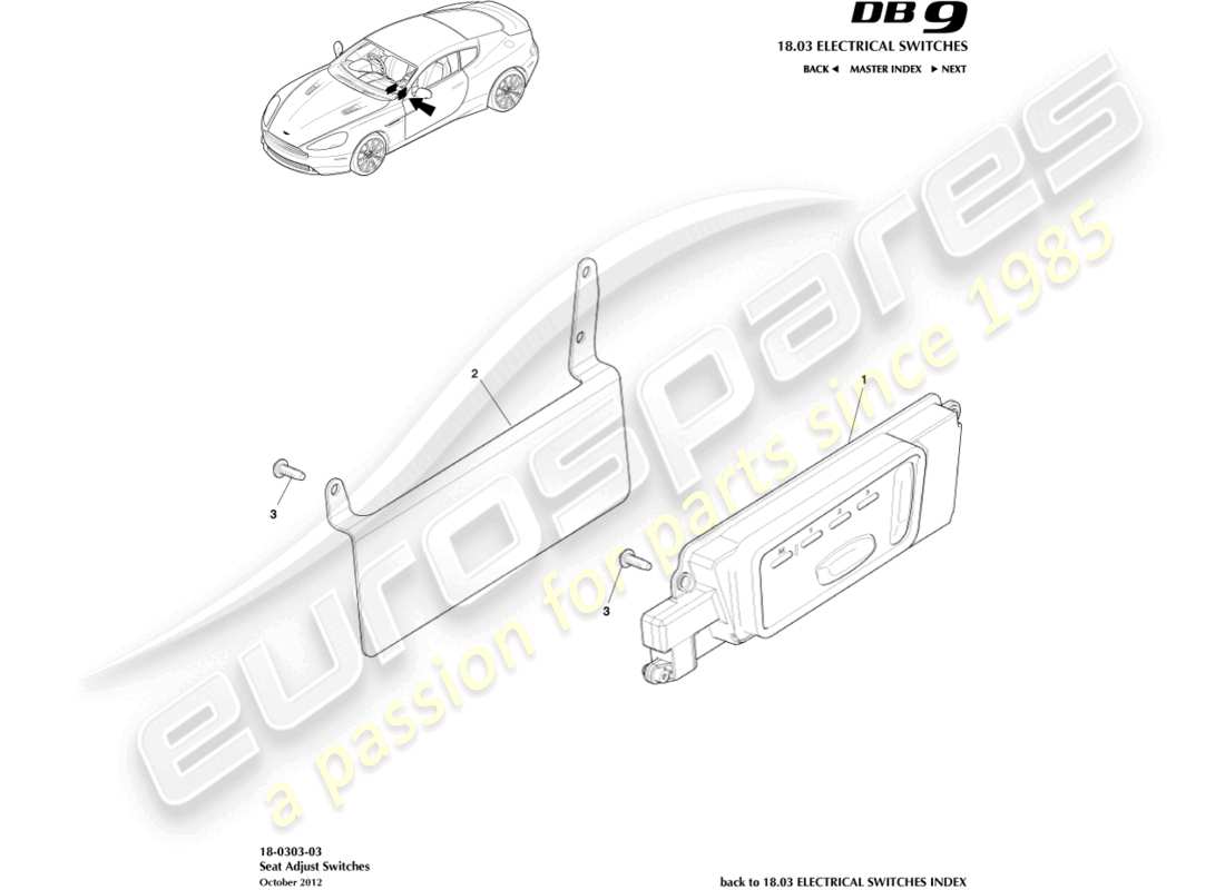 aston martin db9 (2016) diagrama de piezas de los interruptores de ajuste del asiento