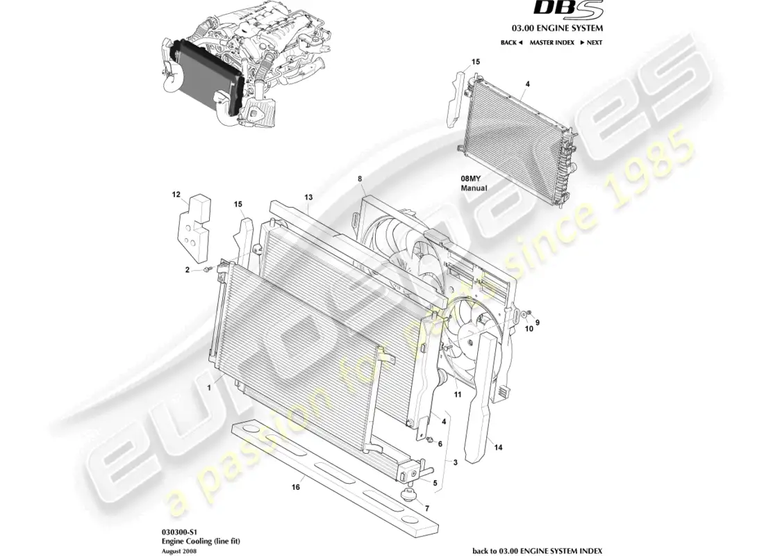 aston martin dbs (2014) enfriamiento del motor (ajuste de línea) diagrama de piezas