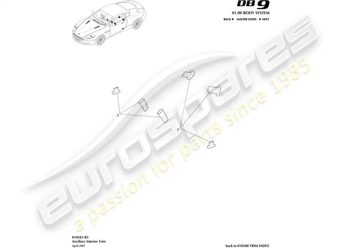 aston martin db9 (2012) diagrama de piezas de molduras interiores auxiliares