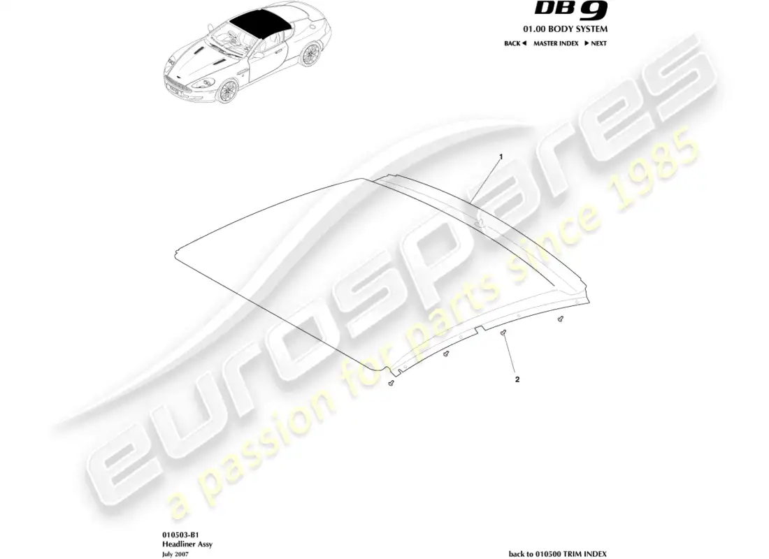 aston martin db9 (2012) diagrama de piezas del conjunto del techo interior