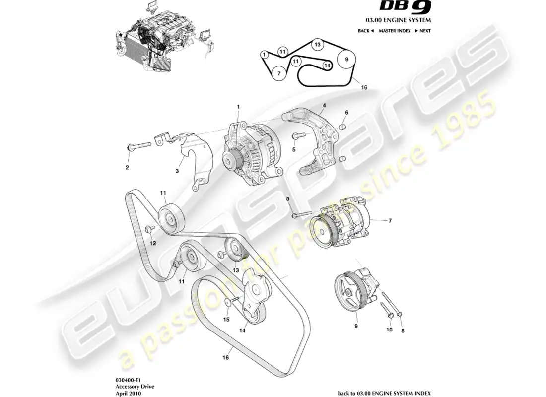 aston martin db9 (2012) diagrama de piezas de transmisión de accesorios