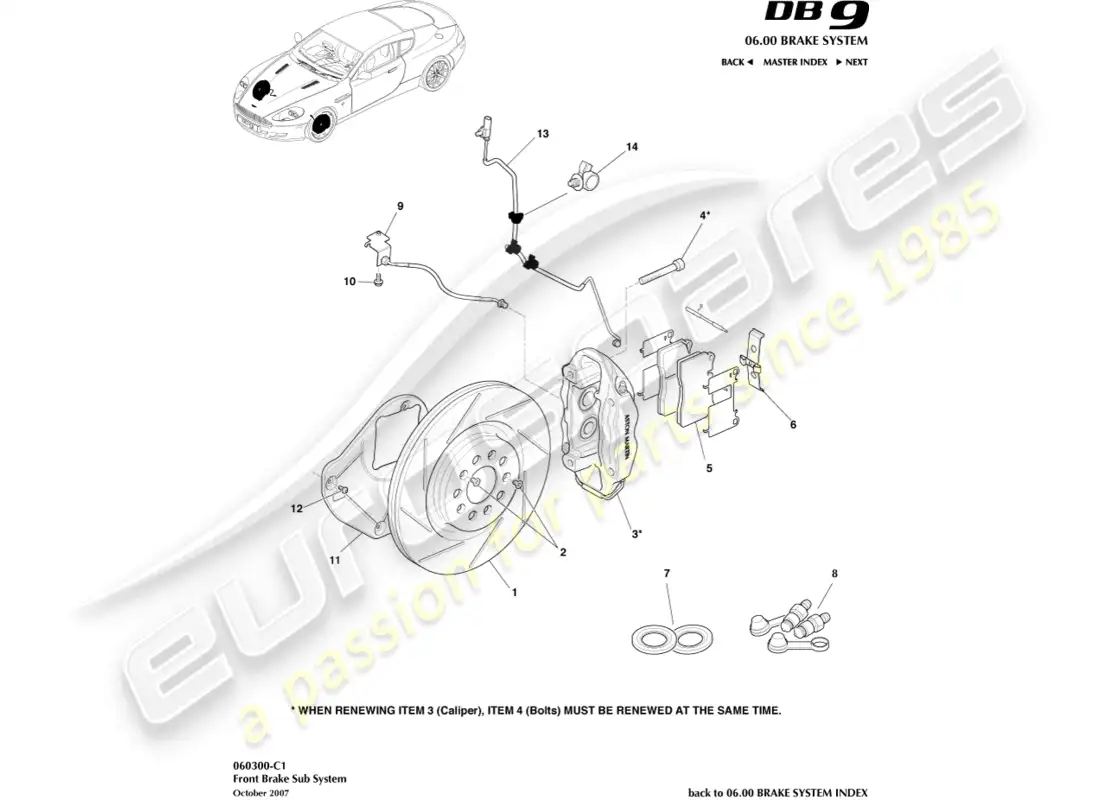 aston martin db9 (2012) sistema de freno delantero diagrama de piezas