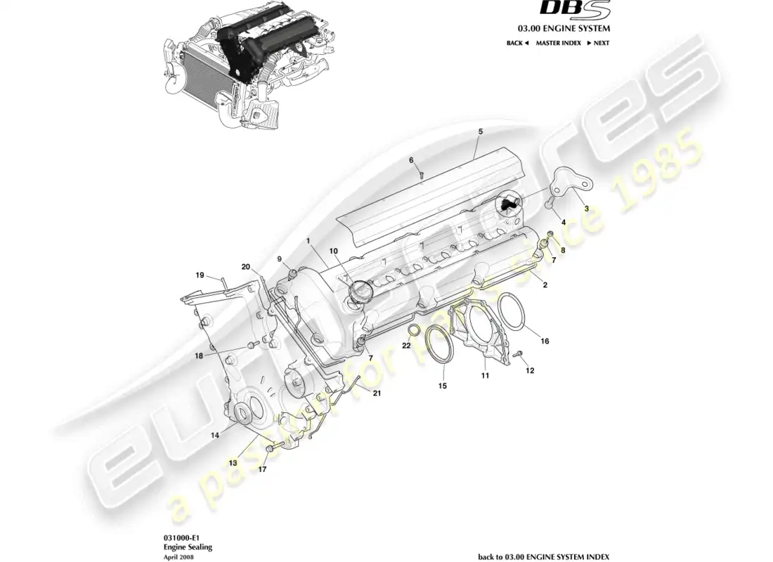 aston martin dbs (2007) sellado del motor diagrama de piezas