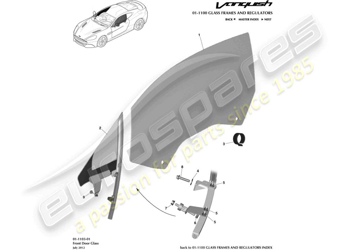 aston martin vanquish (2016) vidrio de la puerta principal diagrama de piezas