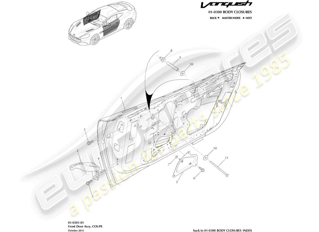 aston martin vanquish (2016) montaje de la puerta principal diagrama de piezas