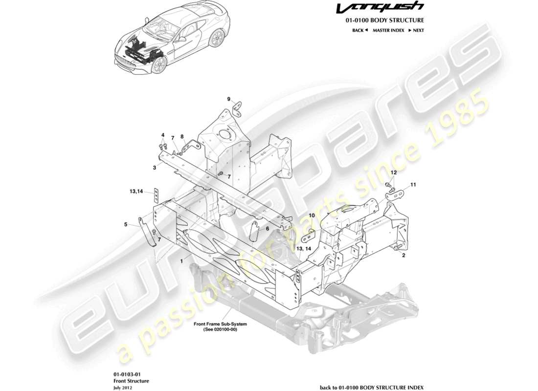 aston martin vanquish (2017) diagrama de piezas de la estructura frontal
