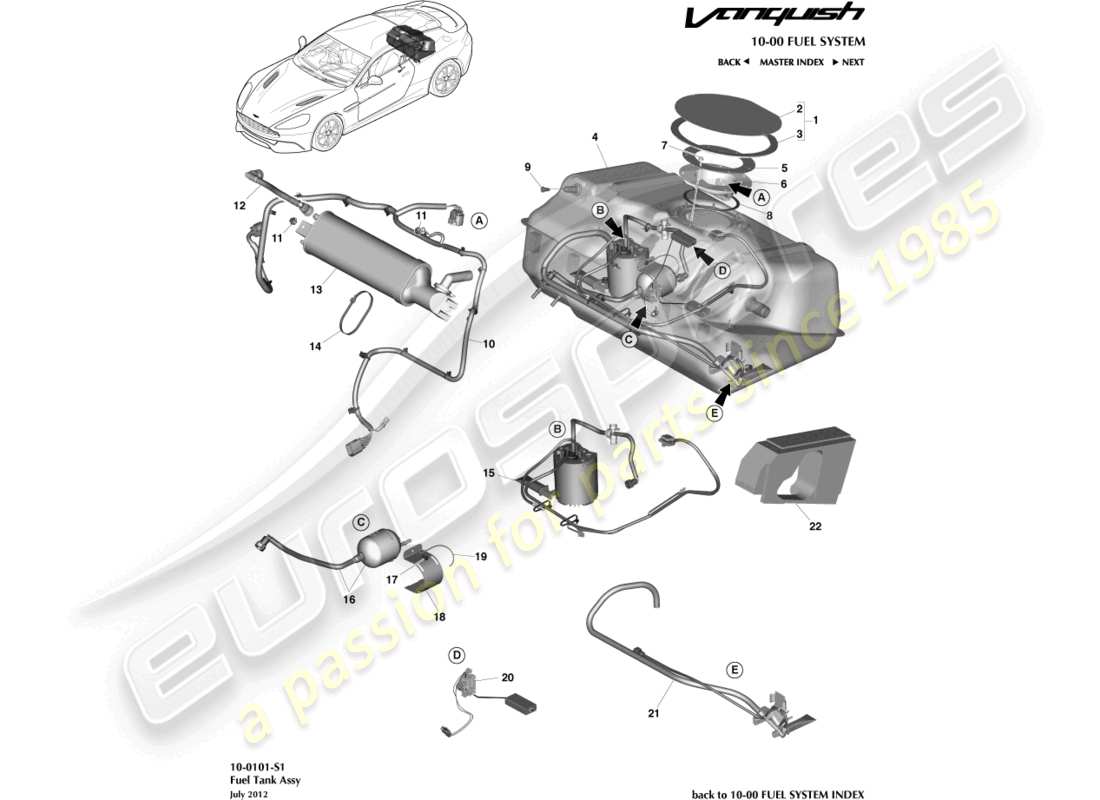 aston martin vanquish (2016) conjunto del tanque de combustible diagrama de piezas