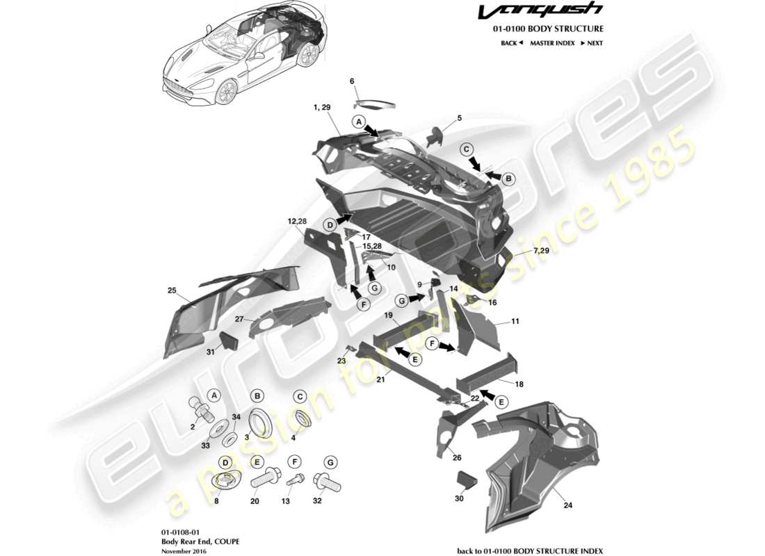aston martin vanquish (2017) parte trasera de la carrocería, diagrama de piezas del cupé