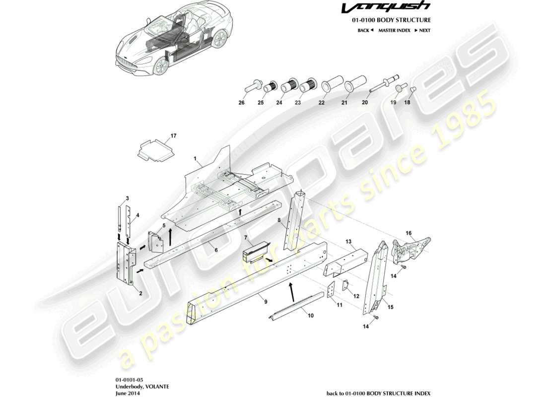 aston martin vanquish (2016) parte inferior de la carrocería, diagrama de piezas de volante