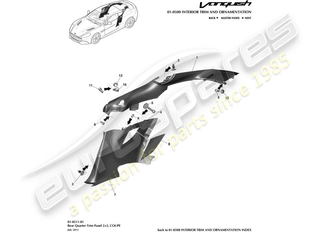 aston martin vanquish (2016) panel embellecedor del cuarto trasero, 2+2 diagrama de piezas del cupé