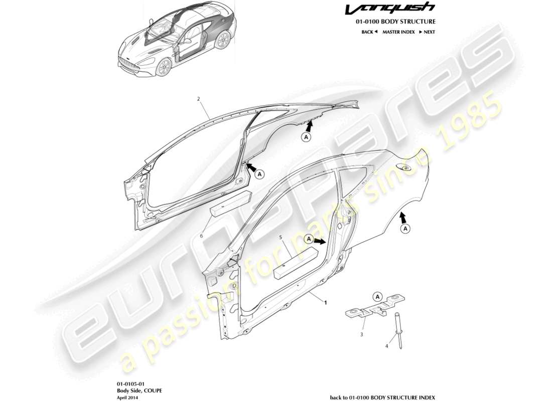 aston martin vanquish (2017) lado de la carrocería, diagrama de piezas del cupé
