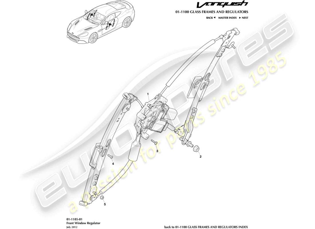 aston martin vanquish (2017) diagrama de piezas del regulador de ventana delantera
