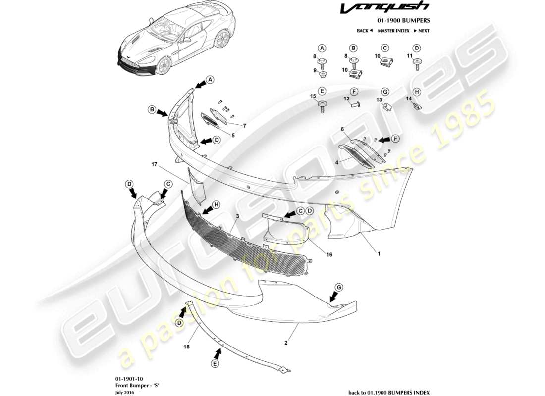 aston martin vanquish (2017) parachoques delantero, s diagrama de piezas