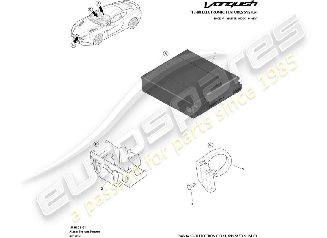 aston martin vanquish (2017) diagrama de piezas de los sensores de alarma