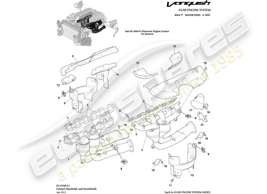 aston martin vanquish (2016) colectores de escape diagrama de piezas
