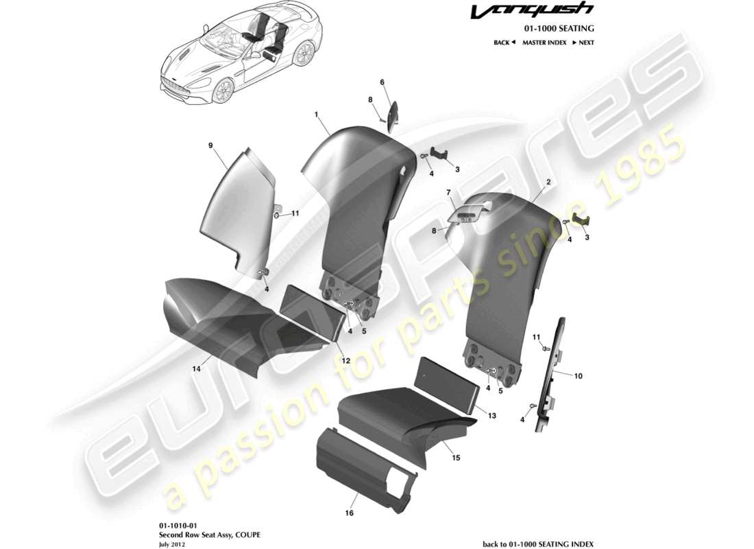 aston martin vanquish (2015) asientos traseros, diagrama de piezas del cupé