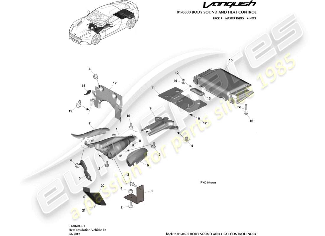 aston martin vanquish (2017) aislamiento térmico, ajuste del vehículo diagrama de piezas