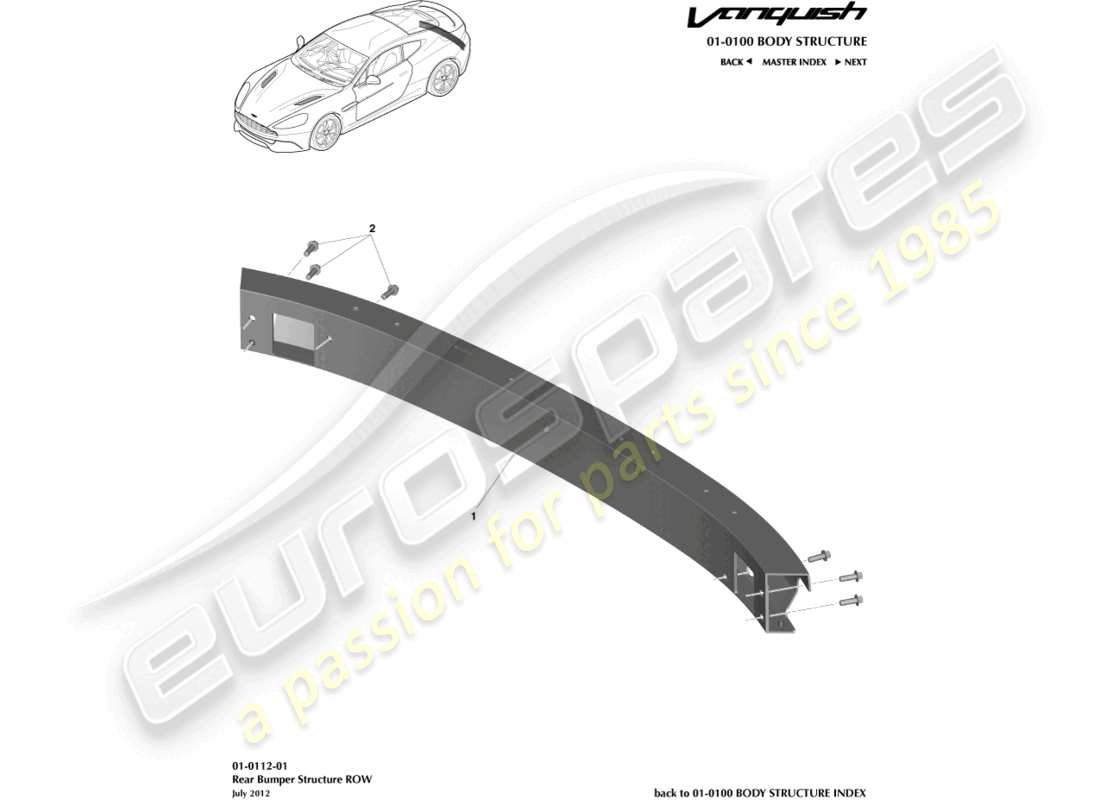 aston martin vanquish (2017) estructura del parachoques trasero, diagrama de piezas row