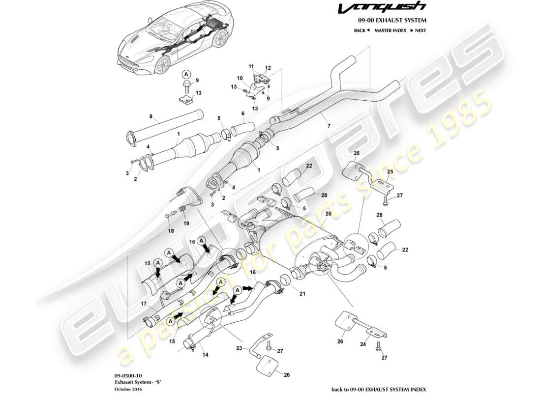 aston martin vanquish (2017) sistema de escape, diagrama de piezas s